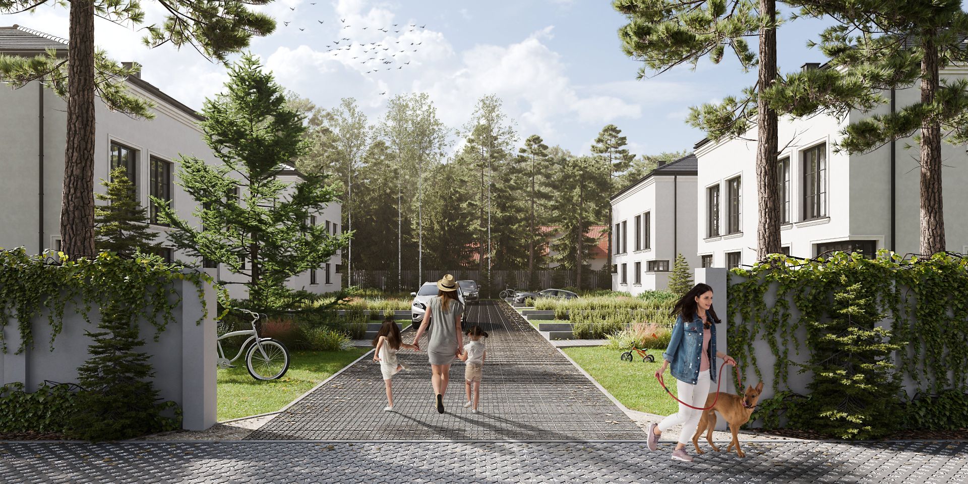 Wizualizacja Rezydencji Lake Forest w Józefowie pod Warszawą przy jeziorze Łacha – domy bliźniacze w otoczeniu sosen, kobieta z psem i mama z dziećmi